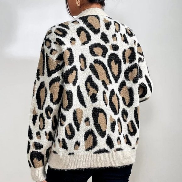 Boho Leopard Pattern Button Front knit sweater Cardigan - Picture 3 of 6